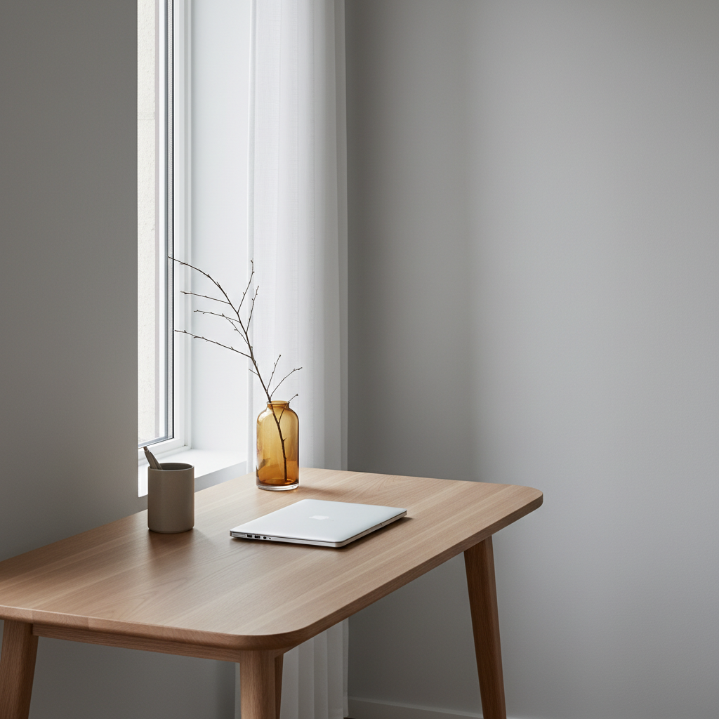 A refined Scandinavian work desk made of light ash wood with rounded edges and a silky matte finish, neatly arranged with a slim closed laptop, a small ceramic pen holder in soft taupe, and a single amber glass vase with a bare branch. The desk stands against a pale gray wall, beside a tall, narrow window partially framed by sheer white curtains. Soft overcast daylight filters in, casting subtle gradients of light across the desktop and gentle shadows beneath the objects. Captured from a slightly elevated angle, the composition uses the rule of thirds, leaving ample negative space on the right side for a spacious, modern feeling. The atmosphere is focused and serene, with minimalist, photographic realism that emphasizes clean lines, muted tones, and quiet sophistication.