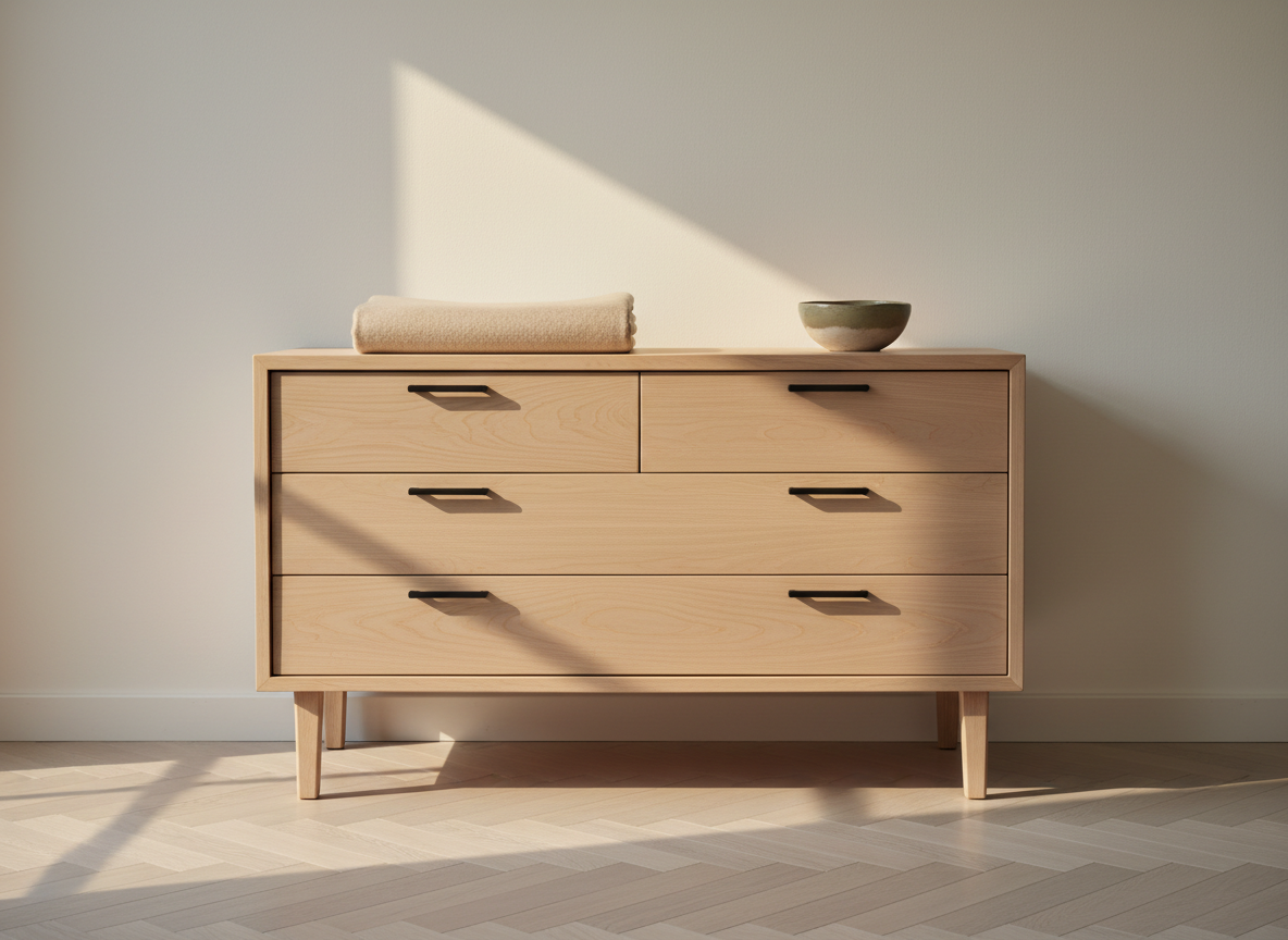 A compact Scandinavian chest of drawers crafted from smooth, light maple wood with finger-joint detailing at the corners and slim, cylindrical matte-black handles. It is positioned against a warm white wall, resting on slender, angled legs that lift it lightly above a pale herringbone wood floor. On top, a single folded wool blanket in soft oatmeal and a small stoneware bowl in muted sage provide subtle accents. Late afternoon light enters from the left, creating a gentle gradient across the drawer fronts and casting delicate, elongated shadows on the floor. The image is shot straight on at eye level for a balanced, architectural composition, with sharp focus throughout. The mood is quietly luxurious and orderly, in a clean, modern, photographic style with a muted, sophisticated palette.