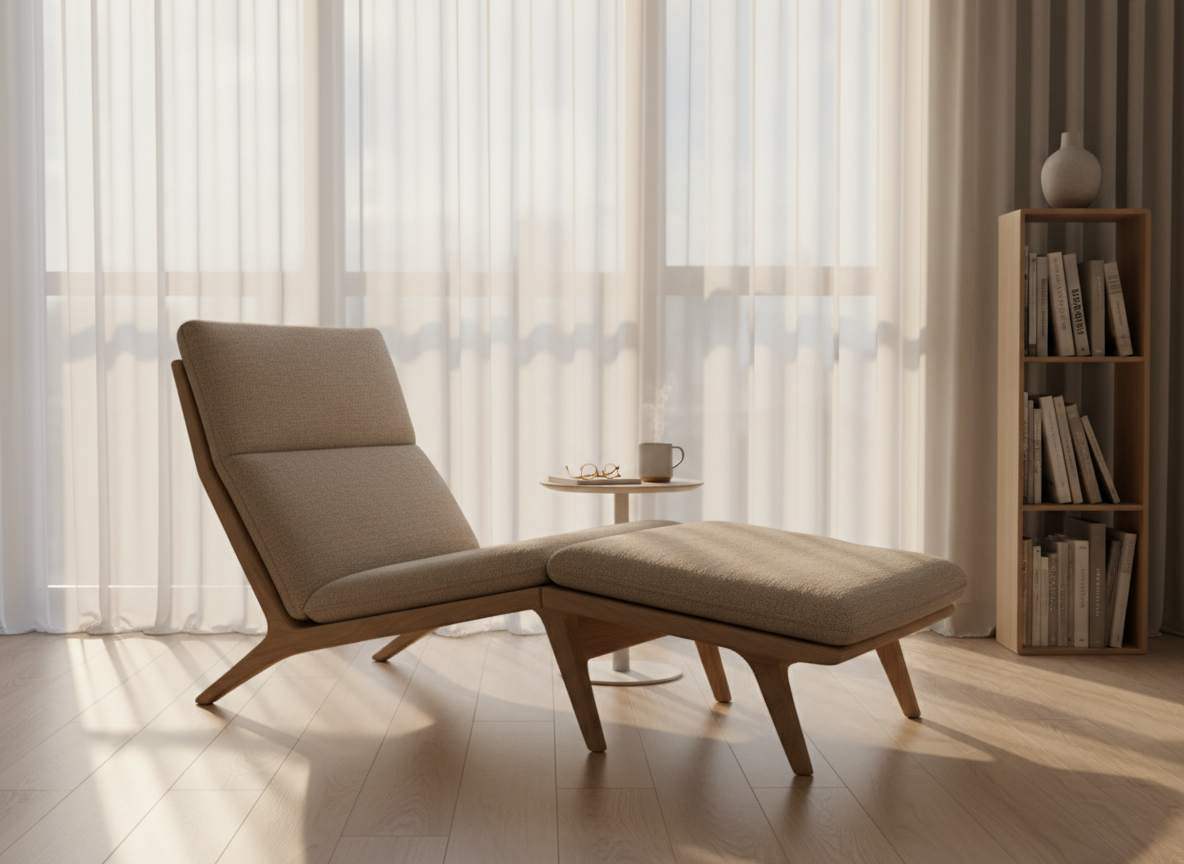 A cozy Scandinavian reading corner featuring a low, wide lounge chair with a natural oak frame and upholstered in a soft, textured sand-colored fabric, paired with a small round side table in matte white oak. The set is placed near a floor-to-ceiling window with sheer, off-white curtains, next to a slender floor shelf holding a few neutral-toned books and a single ceramic vase. Early evening light filters through the curtains, creating a soft, ambient glow and subtle reflections on the floor, with gentle, feathered shadows. Captured from a three-quarter angle with moderate depth of field, the chair and table are in crisp focus while the background softly recedes. The atmosphere is warm, contemplative, and sophisticated, emphasizing minimalist elegance and photographic realism with a muted, calming color scheme.