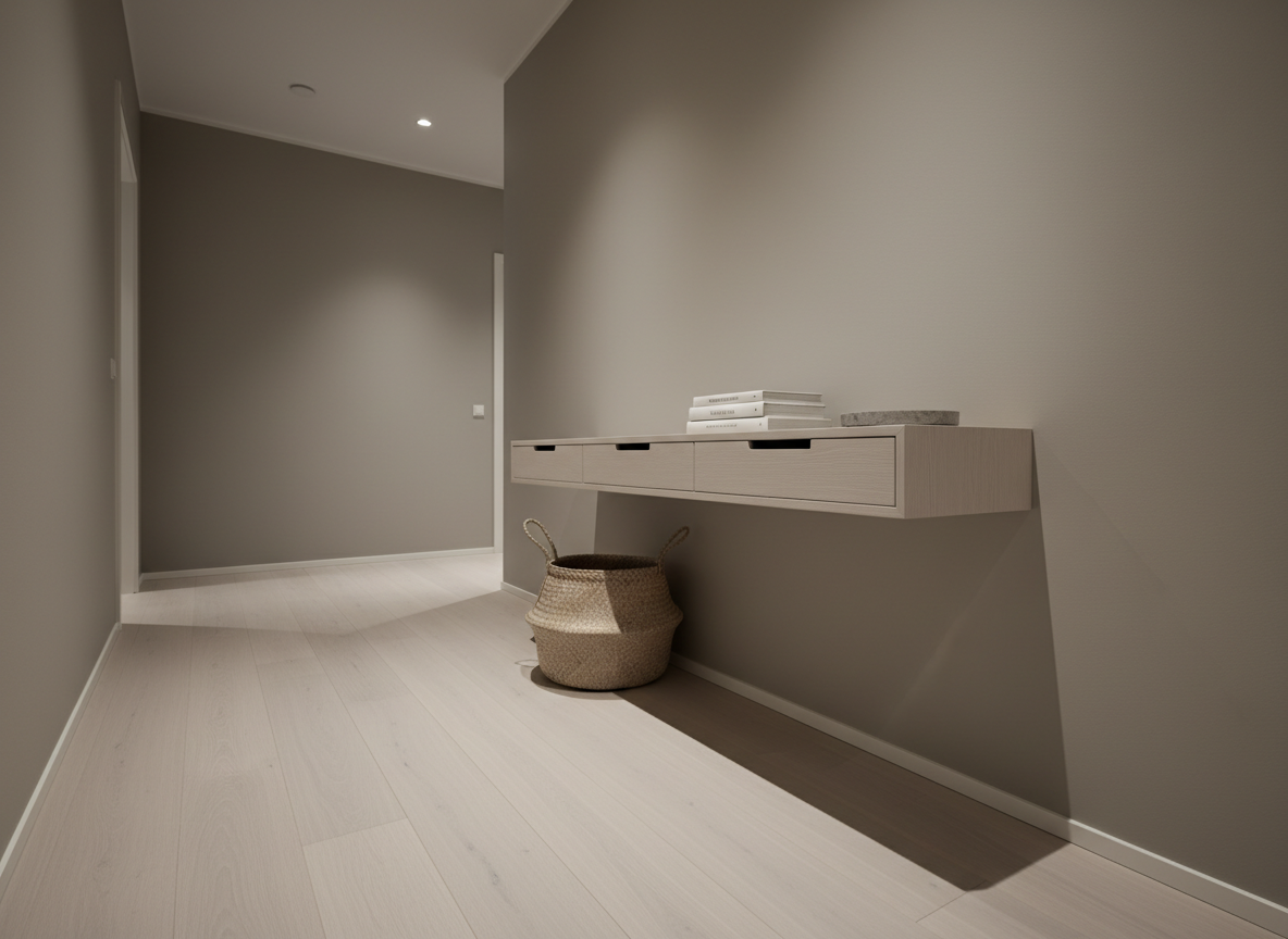 A narrow Scandinavian hallway console made from pale birch wood with a slim profile, beveled edges, and discreet integrated drawer pulls, mounted lightly against a smooth warm-gray wall. Beneath it, a single woven jute basket in a natural beige tone rests on light oak flooring. On the console, a small stack of minimalist books in off-white covers and a round stone tray in soft charcoal grey are carefully arranged. Soft, indirect ceiling lighting creates a subtle gradient along the wall, while a distant doorway casts a faint, elongated shadow across the floor. Shot from a low, angled perspective down the hallway, the console leads the eye into the space, using asymmetrical balance and ample negative space. The mood is refined, quiet, and composed, with a clean, modern photographic style and muted, sophisticated palette.