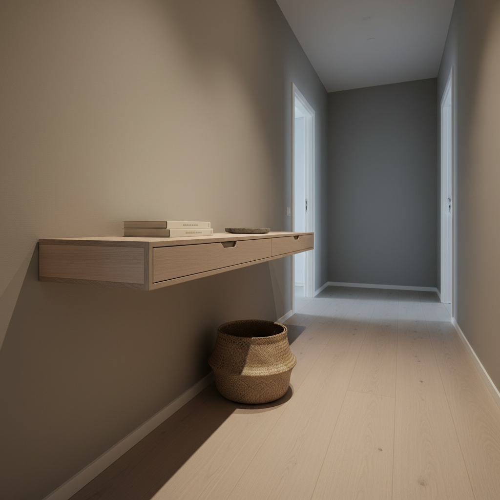 A narrow Scandinavian hallway console made from pale birch wood with a slim profile, beveled edges, and discreet integrated drawer pulls, mounted lightly against a smooth warm-gray wall. Beneath it, a single woven jute basket in a natural beige tone rests on light oak flooring. On the console, a small stack of minimalist books in off-white covers and a round stone tray in soft charcoal grey are carefully arranged. Soft, indirect ceiling lighting creates a subtle gradient along the wall, while a distant doorway casts a faint, elongated shadow across the floor. Shot from a low, angled perspective down the hallway, the console leads the eye into the space, using asymmetrical balance and ample negative space. The mood is refined, quiet, and composed, with a clean, modern photographic style and muted, sophisticated palette.
